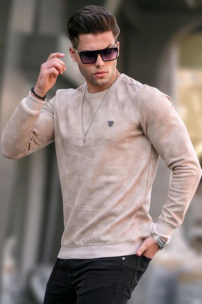 Madmext Beige Patterned Crew Neck Knitwear Sweater 5962