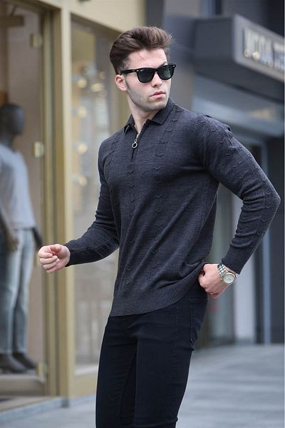 Madmext Anthrazitfarbener Strickpullover mit Reißverschluss 5606