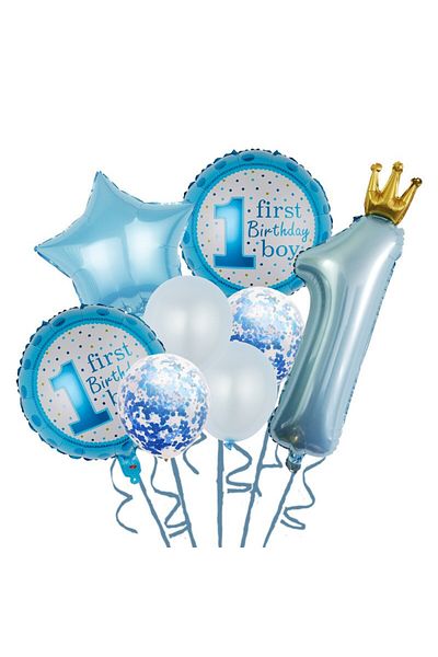 Flippy 8 Baloane Folie Latex Flippy, Cifra 1 91cm Stea 45 cm Cerc 55 cm Latex 30 cm Aniversare Boy Albastru