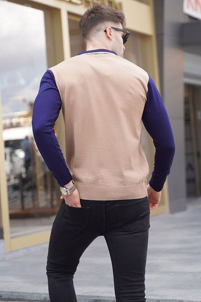Madmext Beige Zippered Polo Neck Knitwear Sweater 5787