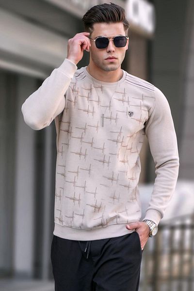 Madmext Beige Patterned Crew Neck Knitwear Sweater 5968