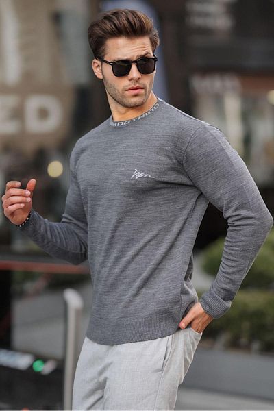 Madmext Anthrazitfarbener Herren-Strickpullover mit Rundhalsausschnitt 6847