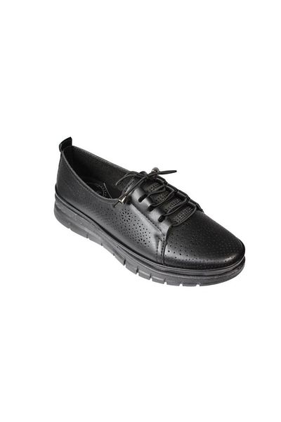 Yaz Kış Ayakkabı Yazkiş Women's Black Cream Skin Perforated Tongue Part Stone over Rubber Lacing Comfort Sole Shoes