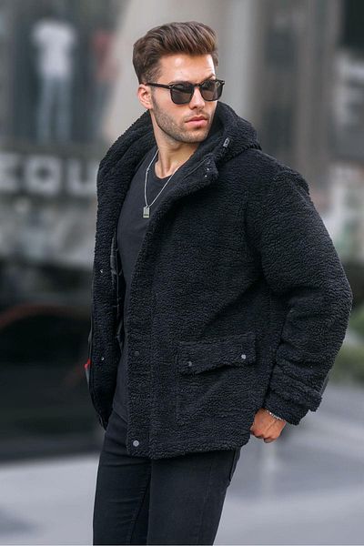 Madmext Černý plyšový kabát s kapucí 6718
