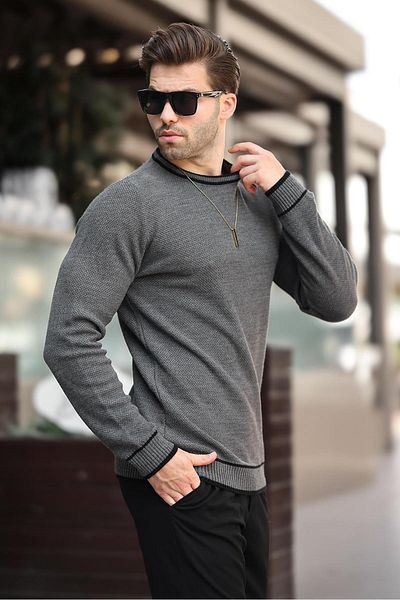 Madmext Crew Neck Striped Long Sleeve Knitted Sweater - Anthracite 7245