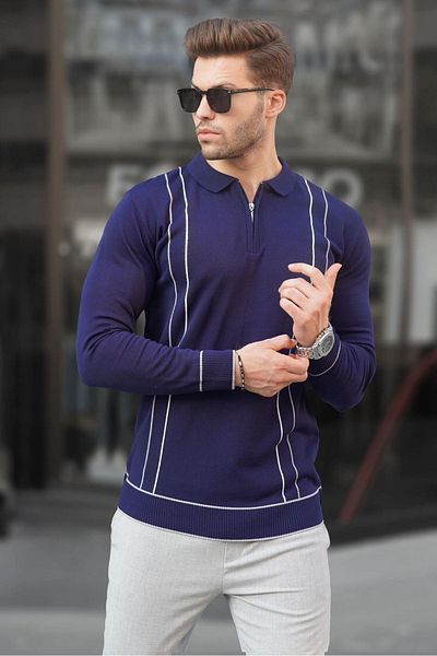 Madmext Marineblauer Strickpullover für Herren mit Polokragen und Reißverschluss 6823