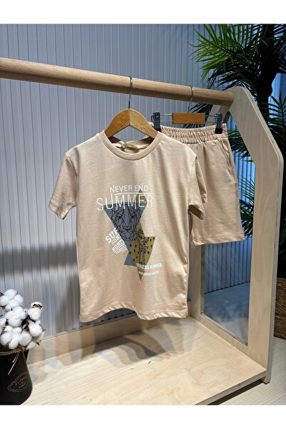 Canbi Kids Boy's Cotton Cream Color Printed T-Shirt with Elastic Waist and Pocket Shorts Set of 2