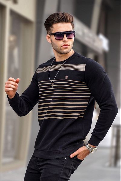 Madmext Black Striped Crew Neck Knitwear Sweater 5961