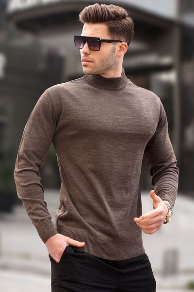 Madmext Bitter Brown Slim Fit halber Rollkragenpullover für Herren, Strickpullover 6343