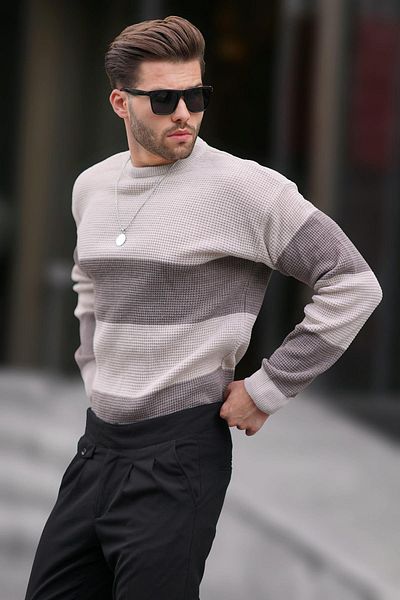 Madmext Μπεζ μακρυμάνικο πλεκτό πουλόβερ - Crew neck, Color Block 7236