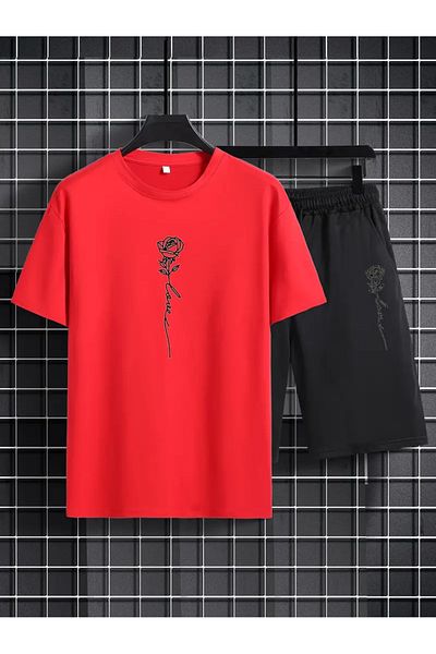 PENTHİLUS Set tricou și pantaloni scurți casual pentru bărbați, gât rotund, elastic mediu, design imprimat, trandafir