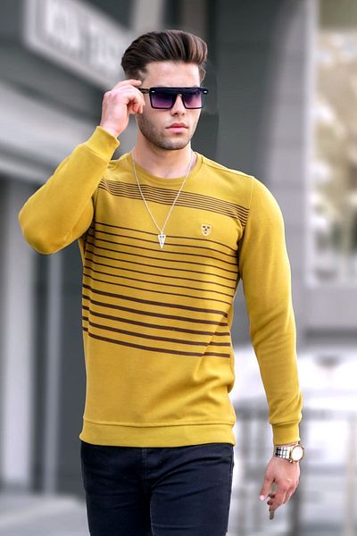 Madmext Musztardowy sweter w paski z okrągłym dekoltem 5961