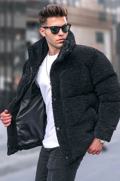 Madmext Černý nafukovací plyšový pánský kabát 5698