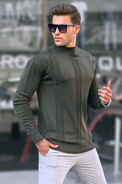 Madmext Khaki Turtleneck Patterned Sweater 6825