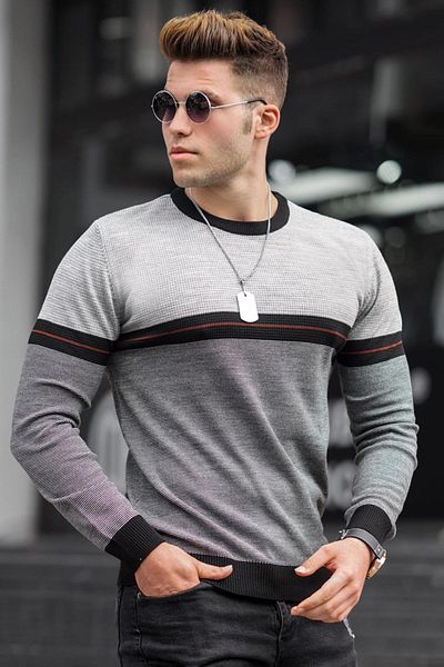 Madmext Gray Stripe Detailed Men's Sweater 5148