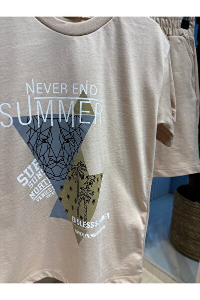 Canbi Kids Boy's Cotton Cream Color Printed T-Shirt with Elastic Waist and Pocket Shorts Set of 2