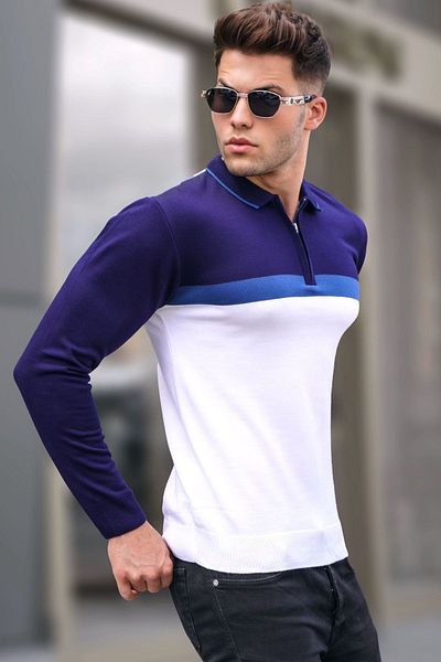 Madmext Ecru Zippered Polo Collar Knitwear Sweater 5787