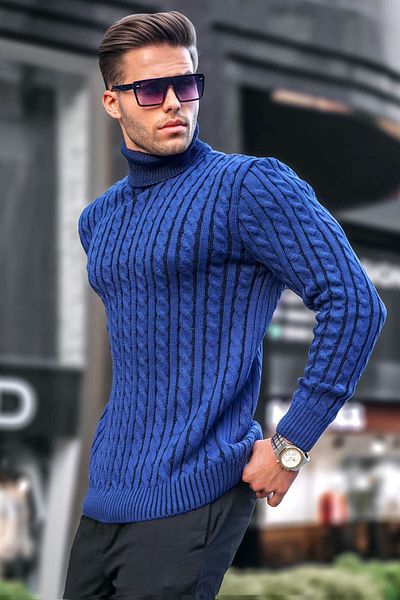 Madmext Indigo Turtleneck Knit Detailed Sweater 6317