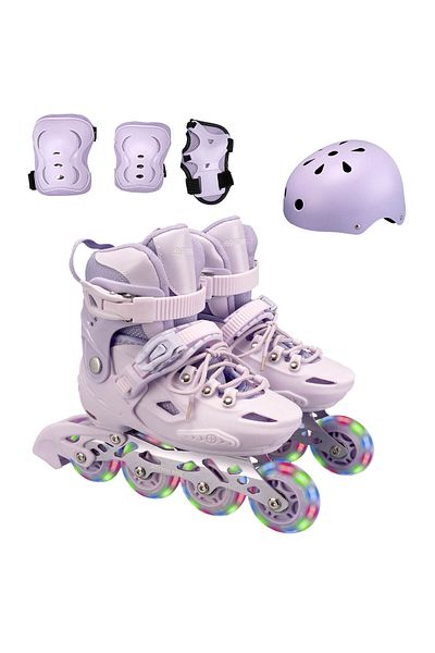 ACTION ONE Set de rol Pastel Lila, cu casca, protectii si geanta transport, roti luminoase, marimea M (32-35)