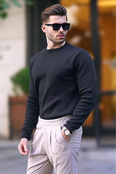 Madmext Siyah Bisiklet Yaka Balıksırtı Desenli Uzun Kollu Örme Kazak 7219