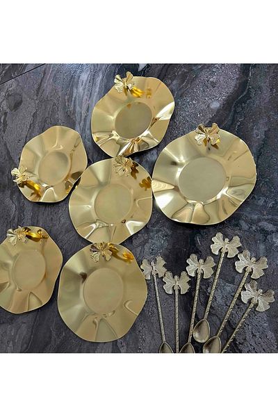 Elzemm store Lux Sunum 6 Li Gold Wavy Model Butterfly Accessory Tea Plate