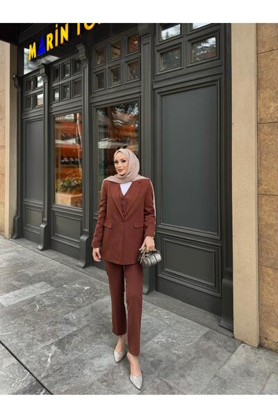 MYGİYİMİSTANBUL Jacket Vest Slim Leg Pants Waist Elastic Detail 3 Piece Suit