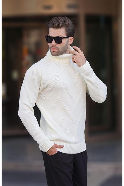 Madmext Long Sleeve Ecru Patterned Knitted Sweater - High-rise 7279