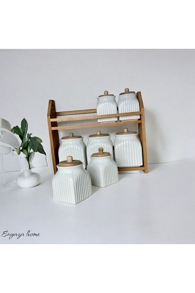 ENYAZA(2024) 7-Piece Porcelain Spice Storage Jar Set with Wooden Stand Spice Rack Set