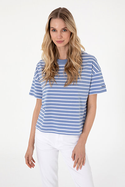 U.S. Polo Assn. Kadın Koyu Mavi Çizgili Bisiklet Yaka Tişört 50305911-VR032