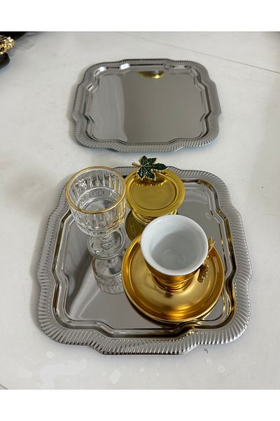 Elzemm store Steel Edge Patterned 2 Pieces Square Flower Model Wavy Service Tray Presentation