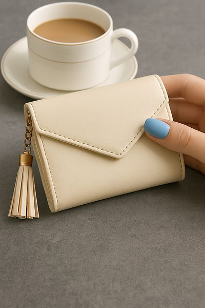 Dema Cream Colored Leather Tasseled Women's Wallet