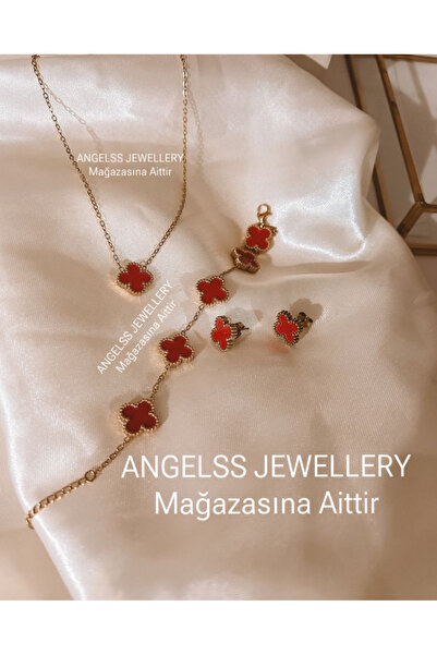 ANGELSS JEWELLERY طقم أقراط وسوار وقلادة من الفولاذ على شكل البرسيم باللون ال...