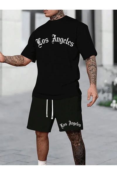 LAND MODA Los Angeles City Art Font Printed Versatile Short Sleeve T-Shirt and Shorts Set, Summer for Men