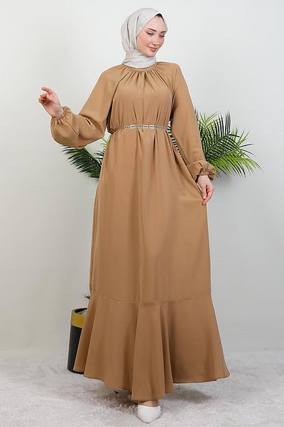 GİYZAMİLA Chain Belted Hijab Dress Sütlükbrown