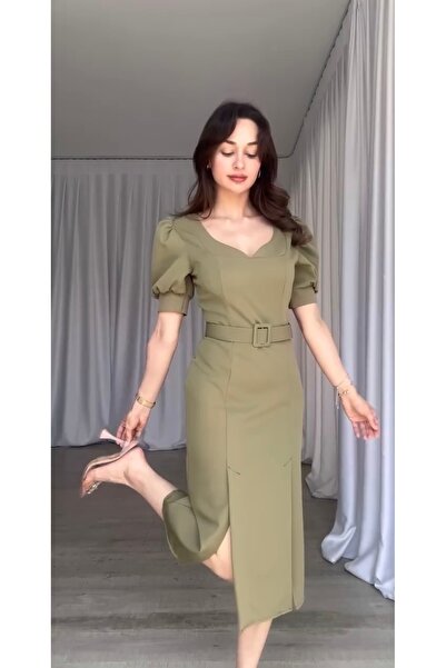 Afiş Butik Haki Balon Kol Çift Yırtmaçlı Kemerli Midi Elbise