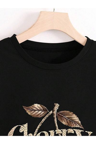 trendgar Tricou negru Tricou oversize cu imprimeu leopard cirese