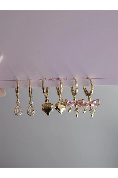 Reorah Collection Bow Shine Earrings Set-Ribbon Heart Earrings Set