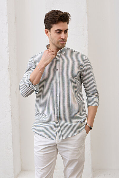 RAVANELLI Erkek Haki Çizgili Pamuk Keten Modern Slim Fit Gömlek