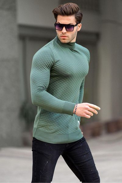 Madmext Męski sweter z dzianiny w kolorze khaki z golfem 6857
