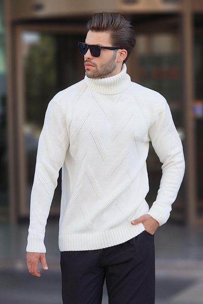 Madmext Long Sleeve Ecru Patterned Knitted Sweater - High-rise 7279