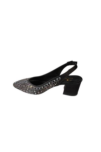 Yaz Kış Ayakkabı Yazkiş Women's Black Silver Satin Beam Stone 5cm Thick Heel Closed Front Open Back Evening Dress Shoes