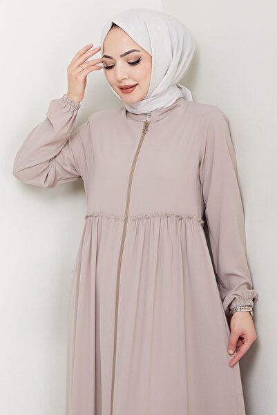 hafsamina Shirring Detailed Ferace Beige Hm2034