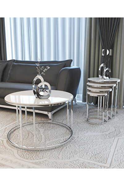 Puklife 4lü Ceylin Zigon Ve Orta Sehpa Seti Gümüş Renk Metal Ayak Parlak Yüzey Krem Mdf