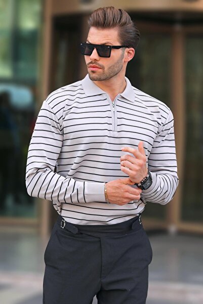 Madmext Gri Polo Yaka Çizgili Fermuarlı Örme Kazak 7243