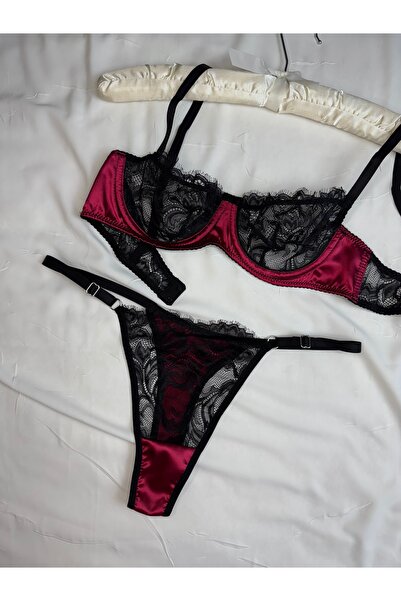 ROZENİN LINGERIE Sevgililer Günü Özel Dantel Detaylı Saten Kapsız Balenli Bra...