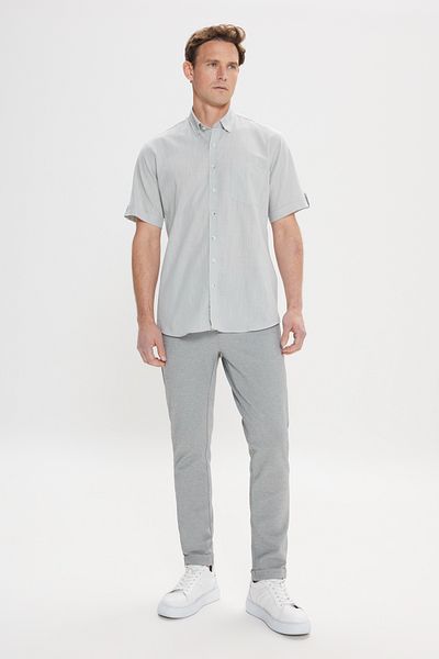 AC&Co / Altınyıldız Classics Men's Gray Comfort Fit Relaxed Cut Hidden Button Collar Linen Look 100% Cotton Flared Shirt