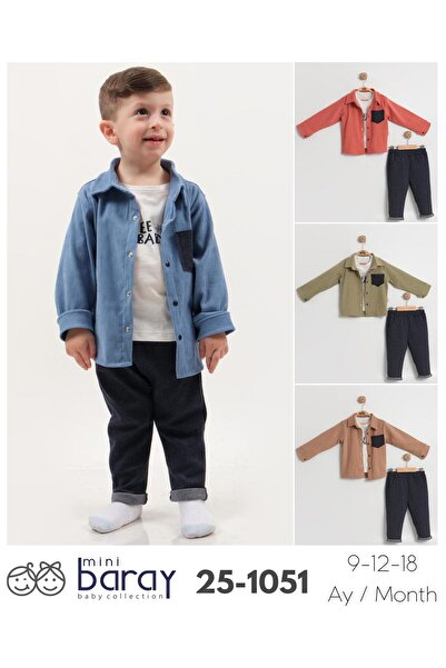 Mini Baray Erkek Bebek Kadife Gömlekli 3’lü Takım (9-12-18 Ay) - Pamuklu & Renk Seçenekli
