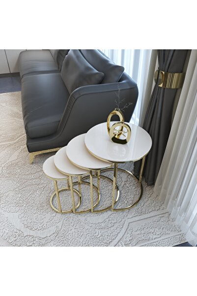 Puklife 4'lü Ceylin Zigon Ve Orta Sehpa Seti Gold Renk Metal Ayak, Parlak Yüzey Krem Mdf
