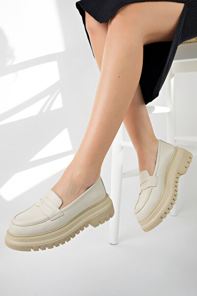 GRADA Bej Hakiki Deri Kalın Tabanlı Kadın Loafer Ayakkabı Platform Bej Rengi Loafer Yüksek Taban Mokasen