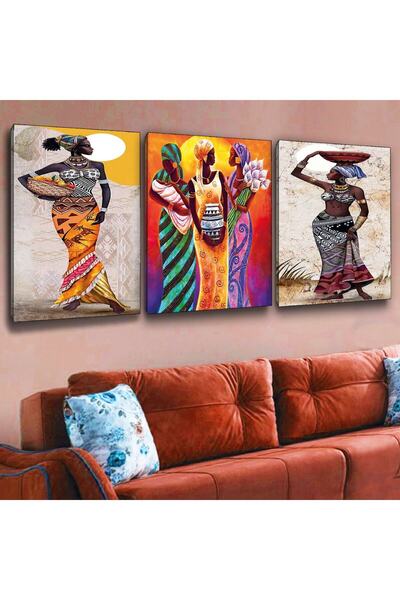 Zevahir Mobilya Dekorasyon 3'lü Kanvas 35 X 50 Cm Afrikalı Kadınlar Tablosu